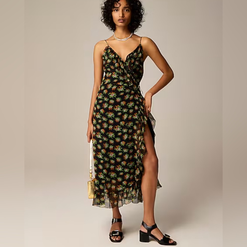 J. Crew Flutter Dark Floral Wrap Midi Dress 8